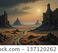 Lone Traveler Walking Through Desert Ruins At Sunset In Post-Apocalyptic Landscape 137120262