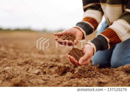 Young female farmer's hands touch dry soil in an agricultural field. Gardening and ecology concept. Young female farmer's hands touch dry soil in an agricultural field. Gardening and ecology concept. 137120276