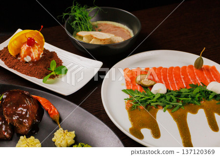Several dishes for one person on the table Several dishes for one person on the table 137120369