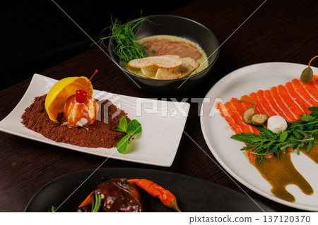 Several dishes for one person on the table 137120370