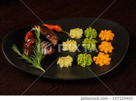 Fried meat on a plate with different sauces and Fried meat on a plate with different sauces and 137120402
