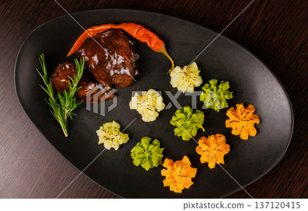 Fried meat on a plate with different sauces and Fried meat on a plate with different sauces and 137120415