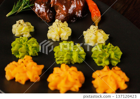 Fried meat on a plate with different sauces and Fried meat on a plate with different sauces and 137120423