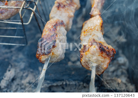 Kebabs and sausages are being grilled on the grill Kebabs and sausages are being grilled on the grill 137120643
