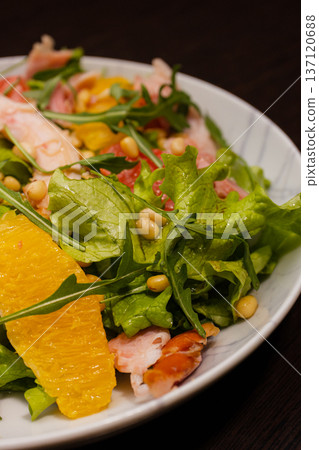 Chicken salad with grapefruit greens on a plate Chicken salad with grapefruit greens on a plate 137120688