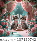 Commemorative photo of the bride and groom with cake and kitty 137120742