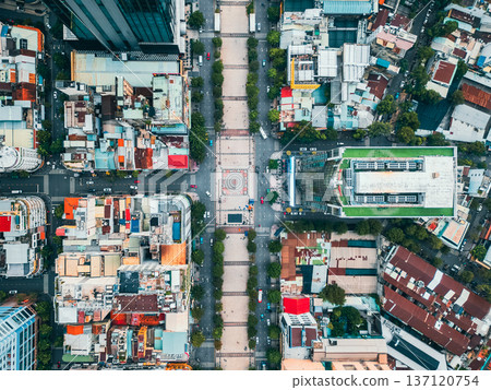 Nguyen Hue walking street in Ho Chi Minh aerial drone view, tourist attraction of asian Saigon city, Hochiminh Vietnam, directly above Nguyen Hue walking street in Ho Chi Minh aerial drone view, tourist attraction of asian Saigon city, Hochiminh Vietnam, directly above 137120754