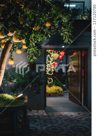 Pomelo in cozy Vietnamese patio at night with lantern led lights and tropical garden, Tropical festive citrus tree with hanging fruits in Asian courtyard, warm evening home exterior Pomelo in cozy Vietnamese patio at night with lantern led lights and tropical garden, Tropical festive citrus tree with hanging fruits in Asian courtyard, warm evening home exterior 137120780