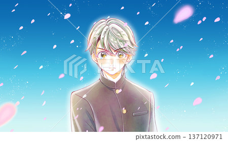 身穿校服的男學生，淚水，正向的情緒，櫻花盛開，藍天 137120971