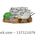 Watercolor garden tools, farmhouse tools , country farm gardening, clipart, rusty element, watering can, flower pot ,green rubber boots ,spring flowers , isolate 137121078