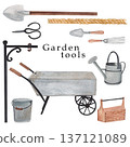 Watercolor garden tools, farmhouse tools , country farm gardening, clipart, rusty element, watering can, flower pot ,green rubber boots ,spring flowers , isolate 137121089