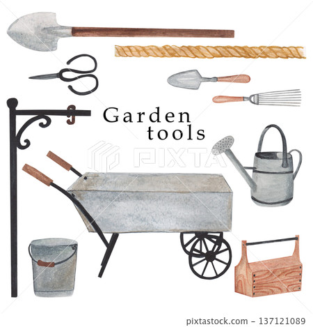 Watercolor garden tools, farmhouse tools , country farm gardening, clipart, rusty element, watering can, flower pot ,green rubber boots ,spring flowers , isolate Watercolor garden tools, farmhouse tools , country farm gardening, clipart, rusty element, watering can, flower pot ,green rubber boots ,spring flowers , isolate 137121089