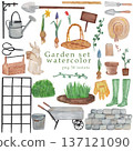 Watercolor garden tools, farmhouse tools , country farm gardening, clipart, rusty element, watering can, flower pot ,green rubber boots ,spring flowers , isolate 137121090
