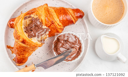 Top View Croissant with Chocolate Spread and Coffee Top View Croissant with Chocolate Spread and Coffee 137121092