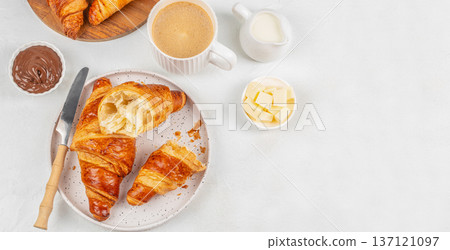 op View Croissant Breakfast with Chocolate Spread and Coffee. copy space 137121097