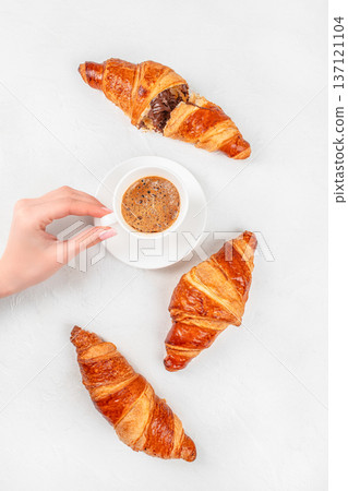 Top View Croissants with Chocolate Filling and Espresso Top View Croissants with Chocolate Filling and Espresso 137121104