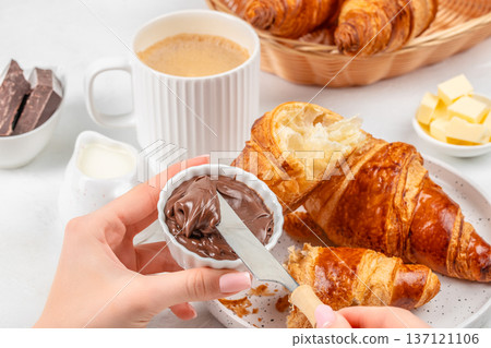 Croissant with Chocolate Spread and Coffee Breakfast Scene 137121106