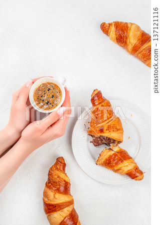 Croissants and Espresso Flat Lay Breakfast Scene 137121116