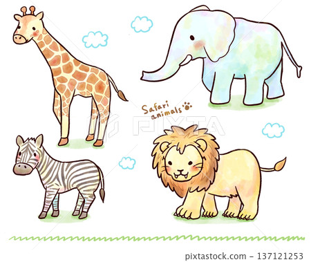A set of four cute watercolor animals: lion, zebra, elephant, and giraffe. Perfect for kindergarten and nursery school posters and educational materials. 137121253