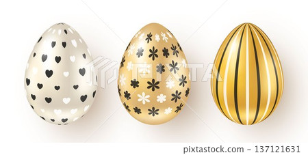 Easter set of gold and mother-of-pearl eggs with a shadow on a white background. Easter set of gold and mother-of-pearl eggs with a shadow on a white background. 137121631