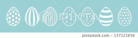Set of white silhouettes of Easter eggs on a blue background. 137121656