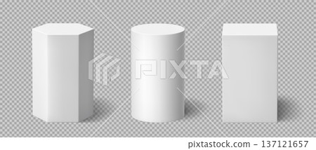 White 3D podium set of cylinder, hexagon and rectangle platforms. Realistic display stands for product presentation, museum exhibits or winner ceremonies. Showroom or studio presentation mockup. 137121657