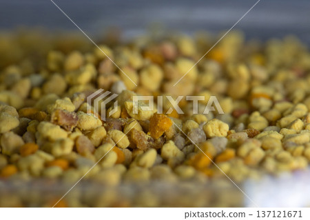 Close-up of natural bee pollen granules in vibrant yellow and orange tones, showcasing their organic texture. Close-up of natural bee pollen granules in vibrant yellow and orange tones, showcasing their organic texture. 137121671