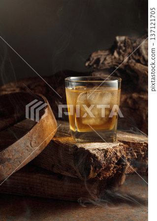 Whiskey with ice on a old wooden board. 137121705