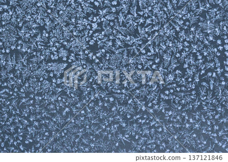 Abstract winter frost texture with delicate ice crystal patterns on a frozen surface. Natural icy background with snowflake-like details, perfect for seasonal designs, cold weather concepts 137121846