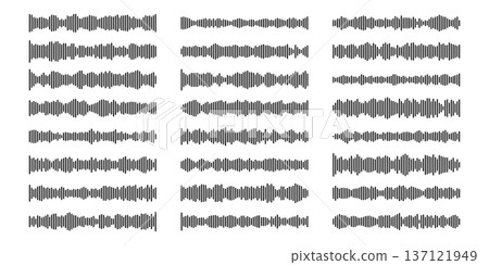 Podcast waveform icon with audio frequency lines and soundwave pattern. Modern vector design of podcast equalizer graphic for music player, radio broadcast or voice recording interface on white Podcast waveform icon with audio frequency lines and soundwave pattern. Modern vector design of podcast equalizer graphic for music player, radio broadcast or voice recording interface on white 137121949
