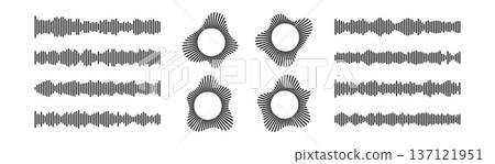 Sound wave collection with circular radial patterns and horizontal waveforms in black on white background. Audio frequency lines forming podcast icons, music equalizers and geometric soundwave bursts Sound wave collection with circular radial patterns and horizontal waveforms in black on white background. Audio frequency lines forming podcast icons, music equalizers and geometric soundwave bursts 137121951