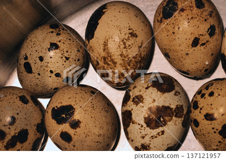 Top view of fresh speckled quail eggs arranged in a circle inside a metal bowl. Rustic food background showing organic farm produce, cooking ingredients, and healthy nutrition concept. Top view of fresh speckled quail eggs arranged in a circle inside a metal bowl. Rustic food background showing organic farm produce, cooking ingredients, and healthy nutrition concept. 137121957