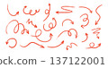 Red arrow set in crayon, chalk and pencil style with hand drawn pointer elements. Sketch brush strokes and rough doodle textures. Fun scribble icons with marker and pastel effects for graphic project 137122001
