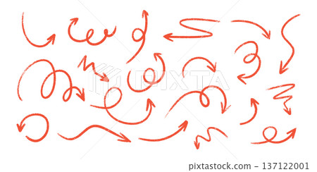 Red arrow set in crayon, chalk and pencil style with hand drawn pointer elements. Sketch brush strokes and rough doodle textures. Fun scribble icons with marker and pastel effects for graphic project Red arrow set in crayon, chalk and pencil style with hand drawn pointer elements. Sketch brush strokes and rough doodle textures. Fun scribble icons with marker and pastel effects for graphic project 137122001