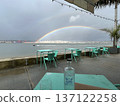 A rainbow over the sea and a cafe terrace after the rain in Lisbon in December 137122258