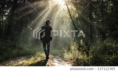 Man walks on path through forest with sunlight streaming down in a moment of reflection for mental health 137122365
