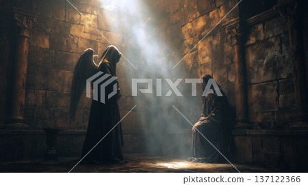 Annunciation scene where angel Gabriel delivers God's message to Mary in a dimly lit and ancient setting 137122366