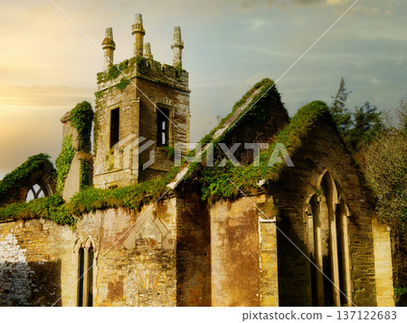 Old church ruins with green plants against a cloudy sky. Moss grows on an abandoned buildings roof. Old church ruins with green plants against a cloudy sky. Moss grows on an abandoned buildings roof. 137122683