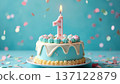 A festive celebration of the third birthday with a cake and confetti in blue pastel colors, a candle with the number 1 on the cake. 137122879