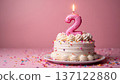 A festive celebration of the third birthday with a cake and confetti in pink pastel colors, a candle with the number 2 on the cake. 137122880