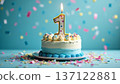 A festive celebration of the third birthday with a cake and confetti in blue pastel colors, a candle with the number 1 on the cake. 137122881