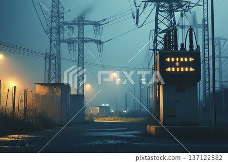 A transformer at an electrical substation. Transmission of electricity. 137122882