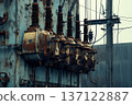 A transformer at an electrical substation. Transmission of electricity. 137122887