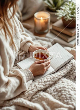 Young caucasian woman writing in a book and holding a mug of tea while relaxing wrapped in a cozy blanket indoors at home 137122892