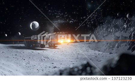 Metallic spacecraft navigating rocky asteroid belt surrounding exoplanet system, representing advanced interstellar exploration and potential cosmic colonization Metallic spacecraft navigating rocky asteroid belt surrounding exoplanet system, representing advanced interstellar exploration and potential cosmic colonization 137123230