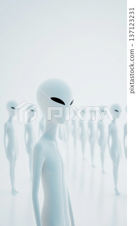 Humanoid aliens gathering inside sterile white interior, highlighting otherworldly presence with minimalist sci fi aesthetic suggesting advanced civilization's enigmatic environment 137123231