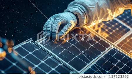 Astronaut in a spacesuit working diligently on a satellite, adjusting solar panels while surrounded by a stunning backdrop of the universe, sparkling with countless stars 137123232