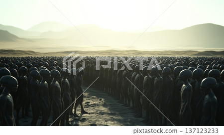 Large group of aliens standing in formation on a vast desert landscape, bathed in the warm glow of the rising sun, creating a scene of otherworldly presence and anticipation 137123233