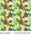 Seamless watercolor pattern with tropical monstera leaves, coconuts and white plumeria flowers. Hand painted botanical composition arranged for summer textiles, travel themes, island inspired projects Seamless watercolor pattern with tropical monstera leaves, coconuts and white plumeria flowers. Hand painted botanical composition arranged for summer textiles, travel themes, island inspired projects 137123235