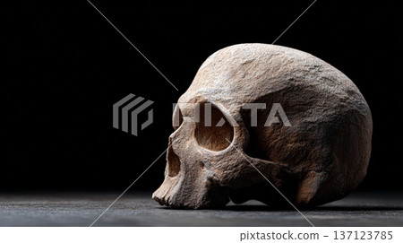 Ancient neanderthal fossil skull with rough texture depicting human evolution, archaeology, and the history of early human ancestors, resting on a dark surface against a black background 137123785